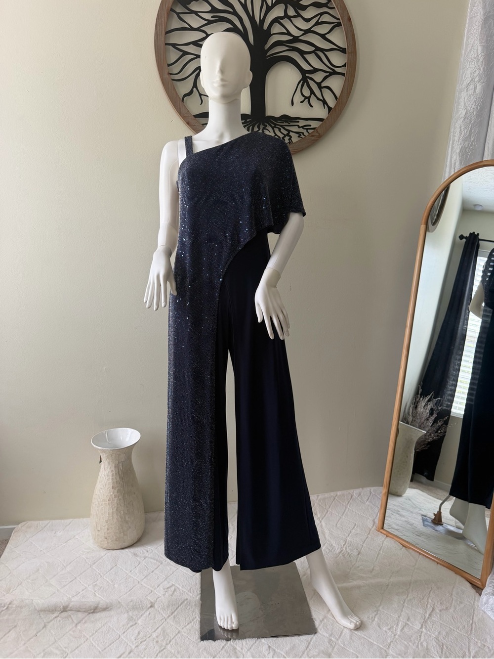 R&M Richards Asymmetric One-Shoulder Navy Sparkle Jumpsuit.